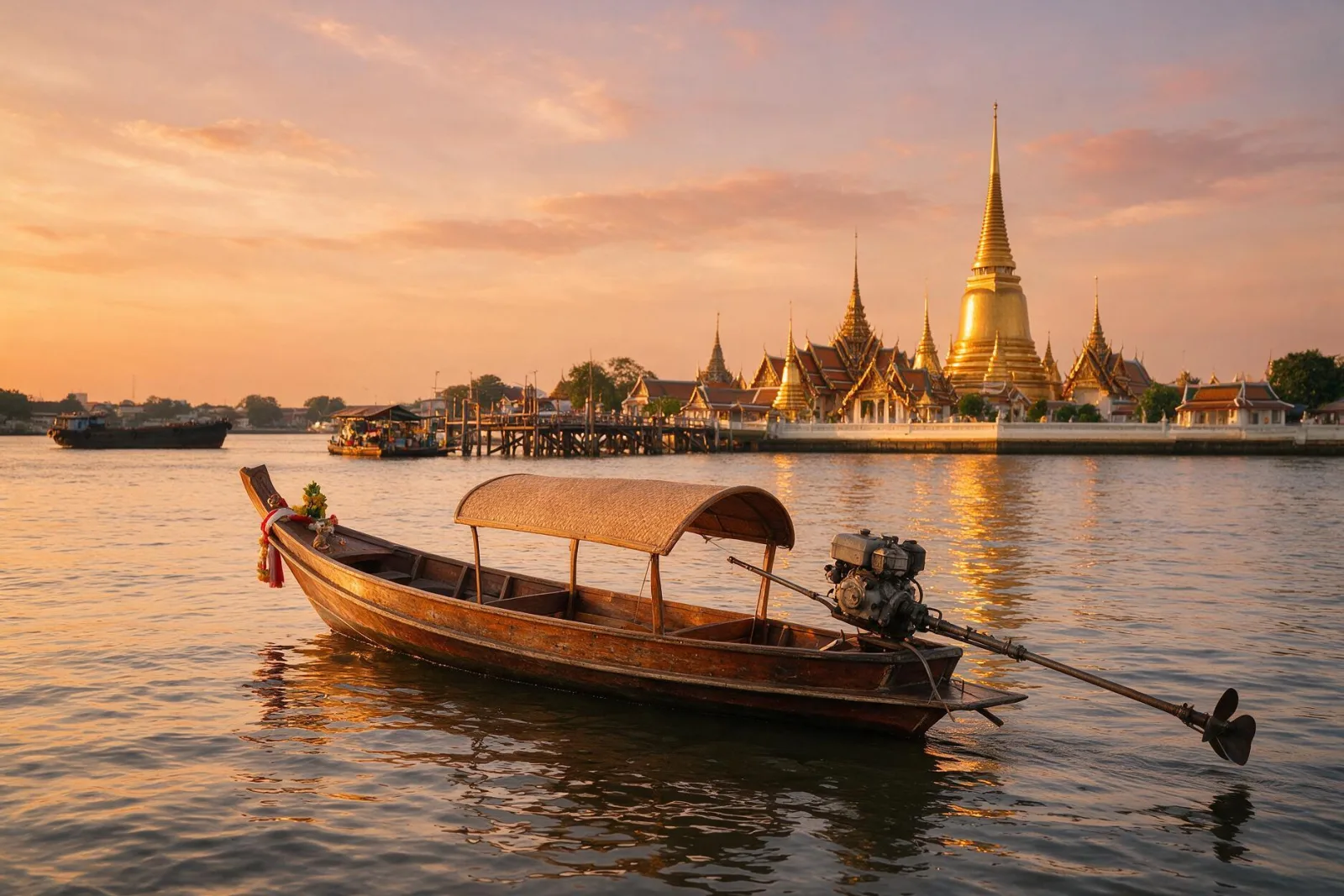 Bangkok'ta Chao Phraya Nehri üzerinde gün batımında bir tekne