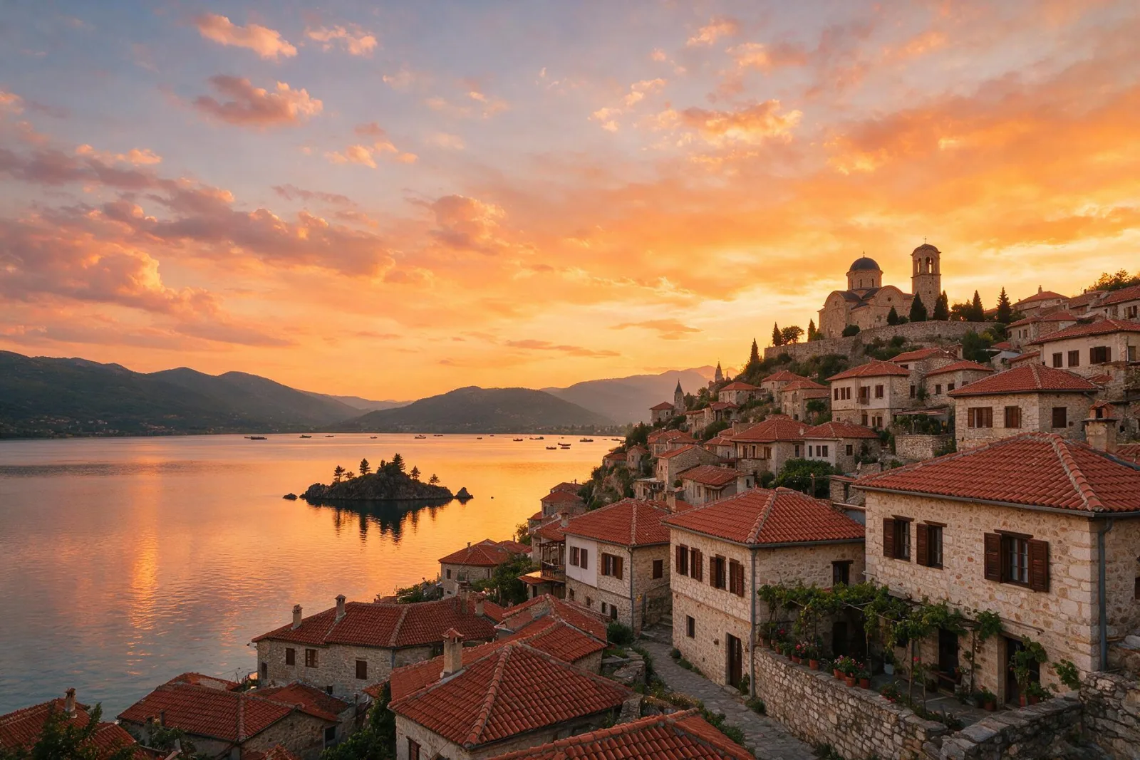 Ohrid Gölü kıyısında tarihi kilise ve akşam ışığı